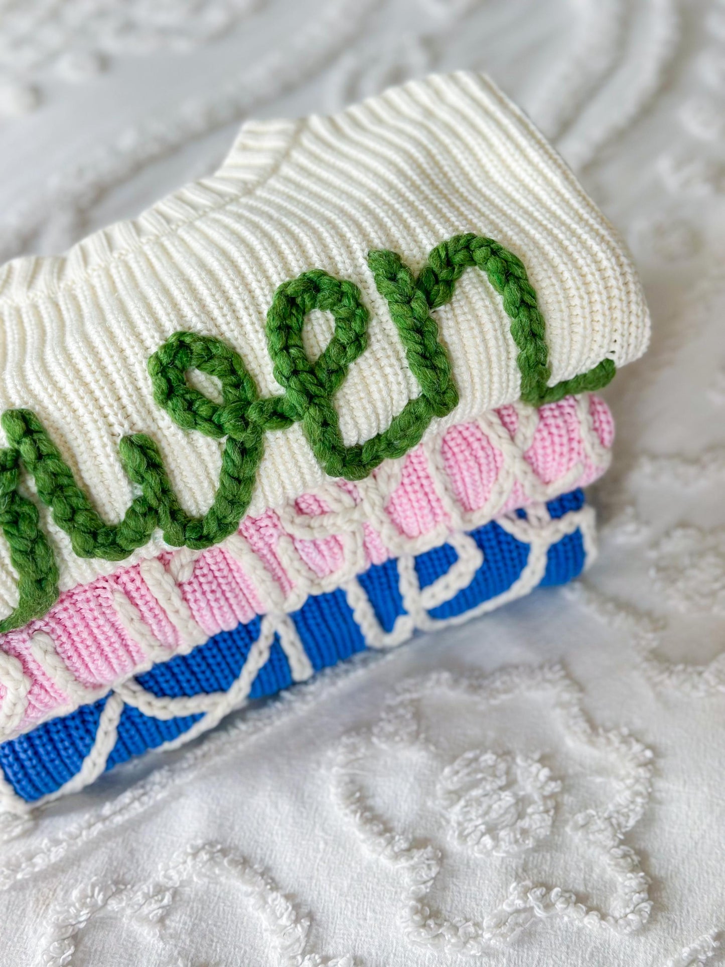 Peony pink personalized embroidered sweater, baby and kid chunky knit